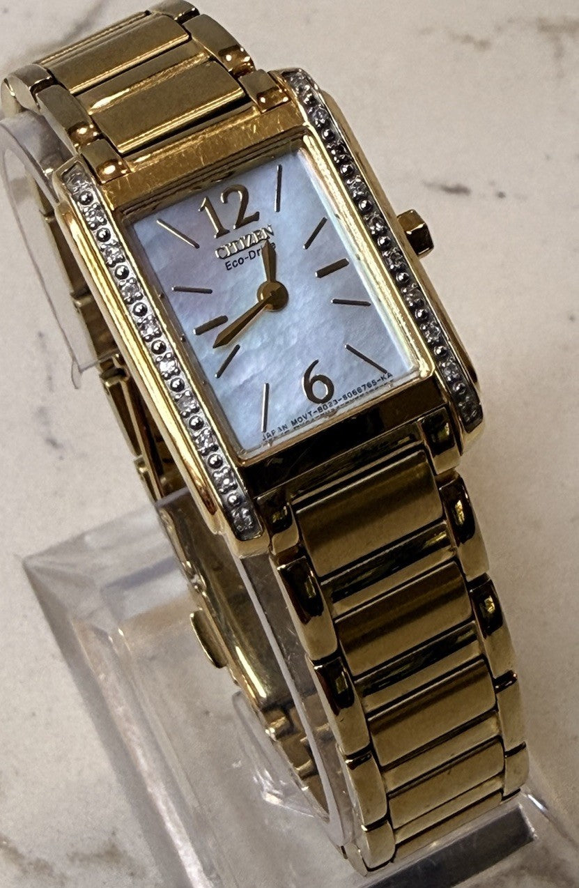 Citizen Eco-Drive Women's Diamond Accent MOP Gold Tone Tank Watch B023-S040582