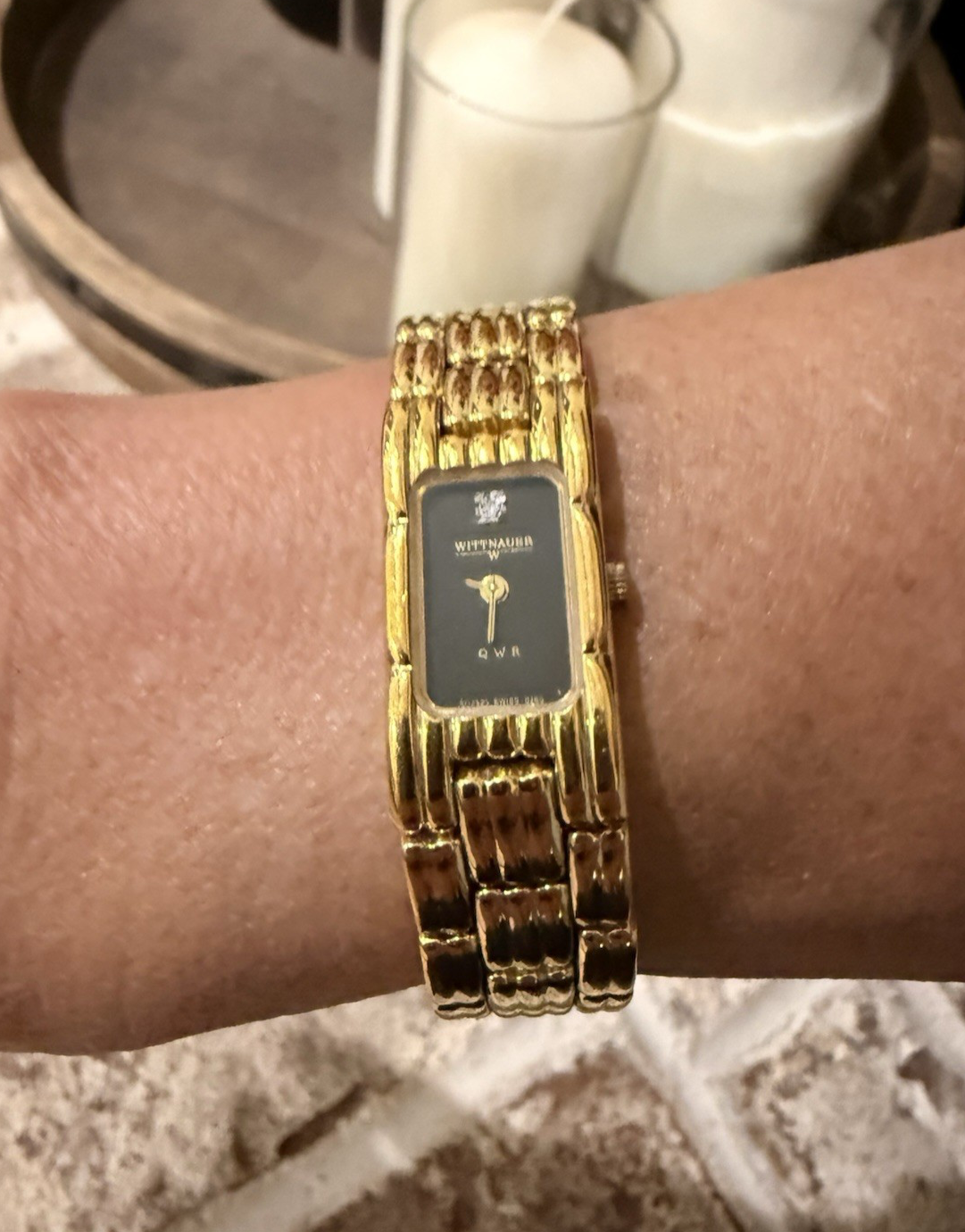 Vintage Wittnauer QWR Ladies Black Diamond Dial Gold Tone Tank Watch Serviced
