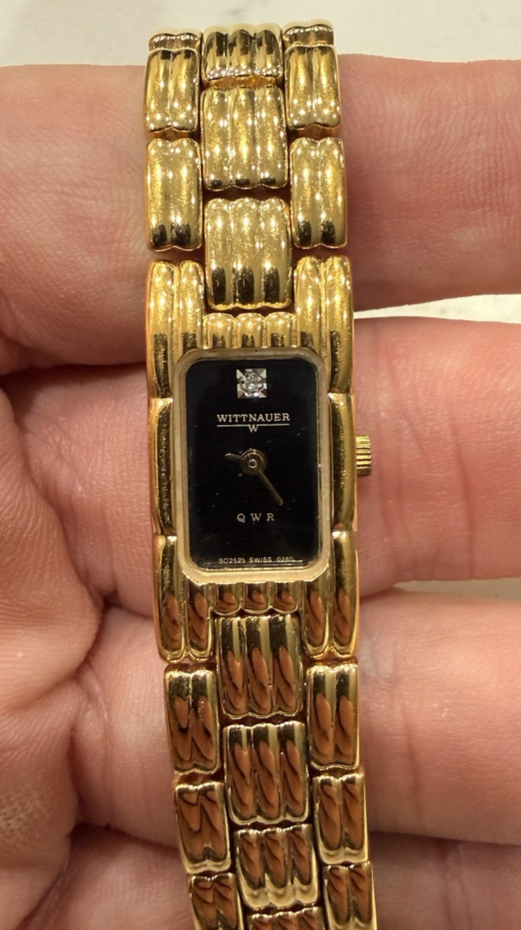 Vintage Wittnauer QWR Ladies Black Diamond Dial Gold Tone Tank Watch Serviced
