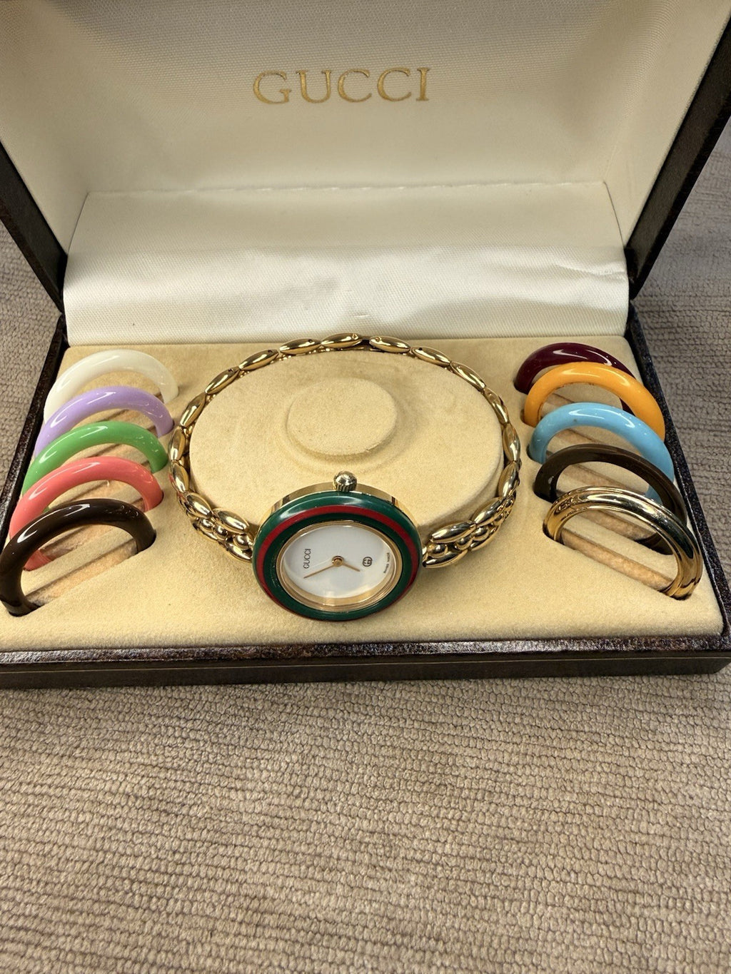 Vtg Gucci 1100L Bracelet Watch Set - SERVICED -New Crystal- 11 Bezels